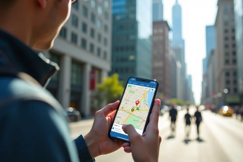 Entregador segurando smartphone com aplicativo de entregas aberto mostrando mapa da cidade
