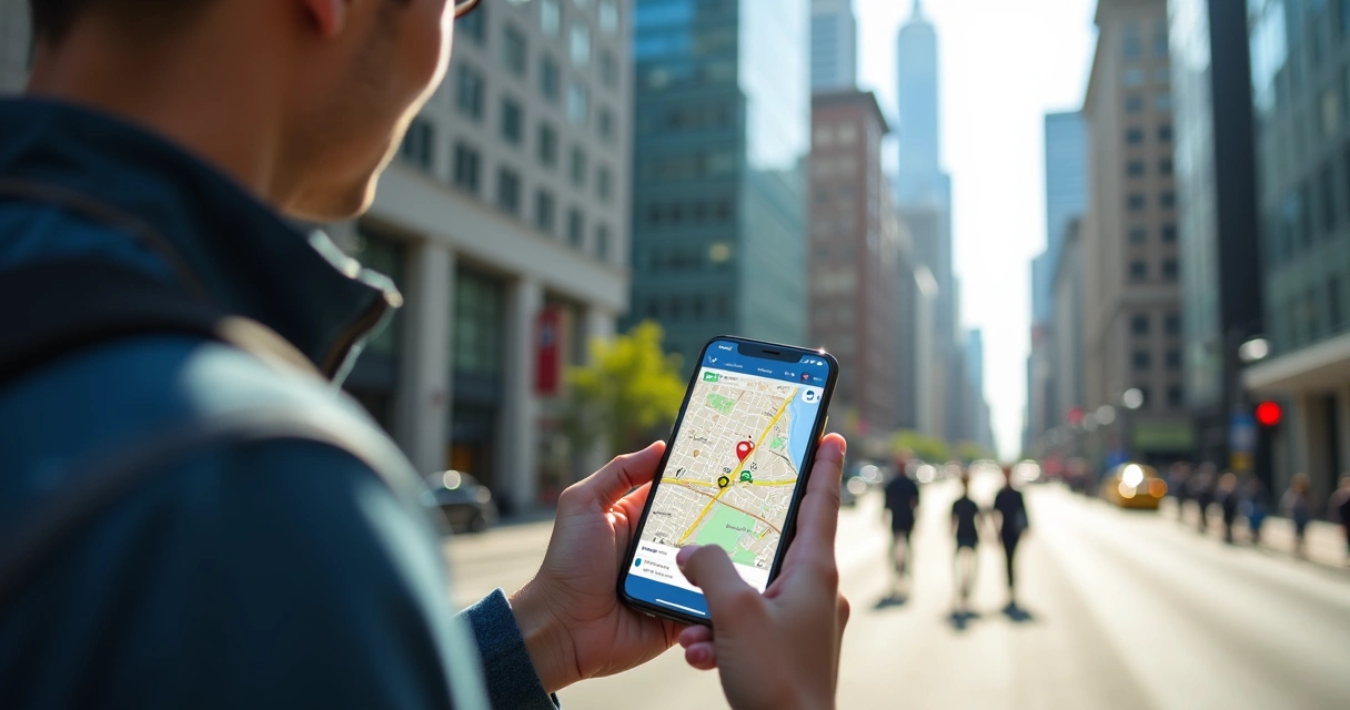 Entregador segurando smartphone com aplicativo de entregas aberto mostrando mapa da cidade